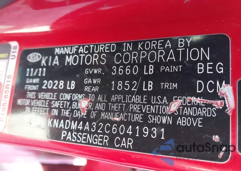 2012 Kia Rio Lx from USA, damaged, VIN KNADM4A32C6041931